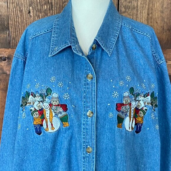 Vintage Brooks Woman Denim Embroidered Christmas Shirt Sz 22W/24W - Picture 2 of 9
